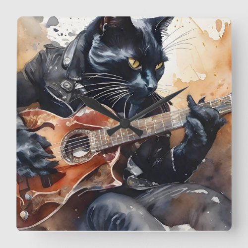Black Cat Rock Star Playing Guitar Leather Jacket  Square Wall Clock