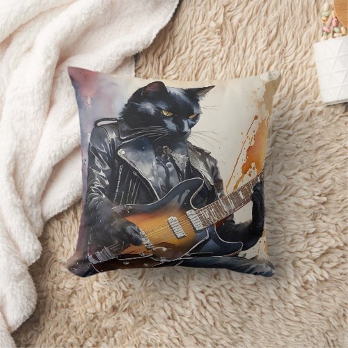 Black Cat Rock Star Playing Guitar Leather Jacket  Throw Pillow