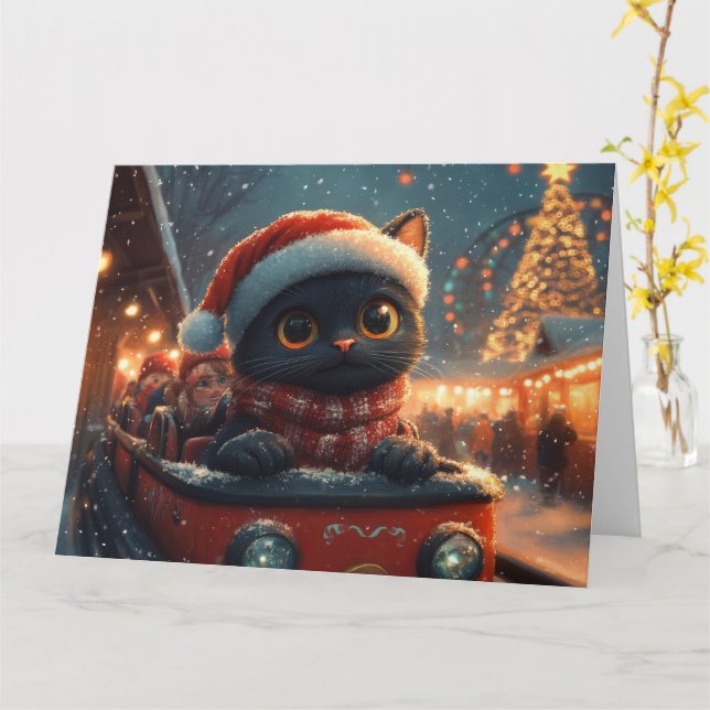 Black Cat Roller Coaster Christmas Card (Yellow Flower)