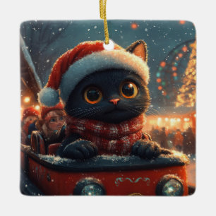 Black Cat Roller Coaster Christmas Ceramic Ornament
