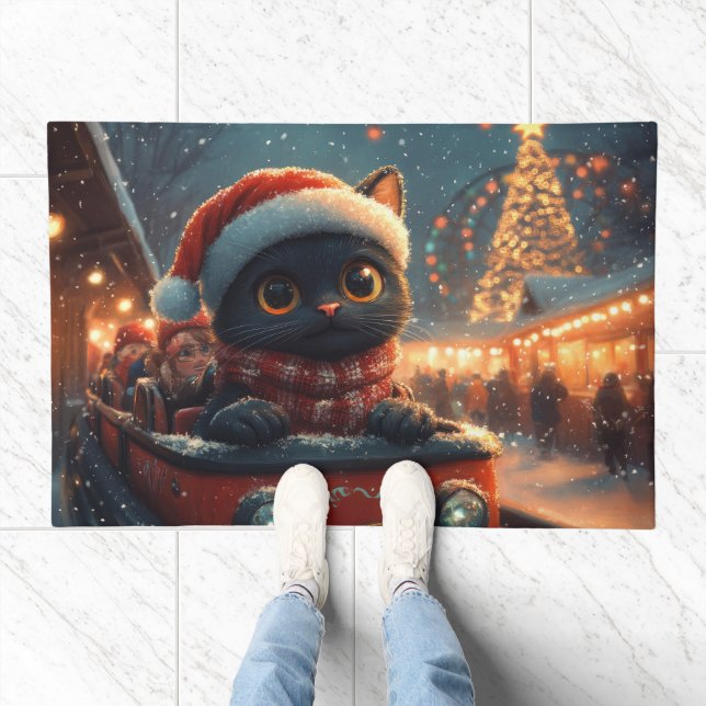 Black Cat Roller Coaster Christmas Doormat (Indoor)