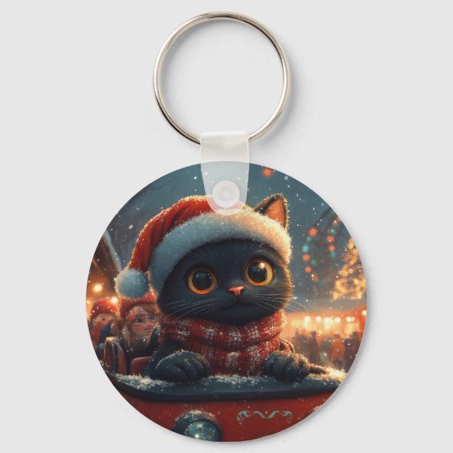 Black Cat Roller Coaster Christmas Keychain (Front)