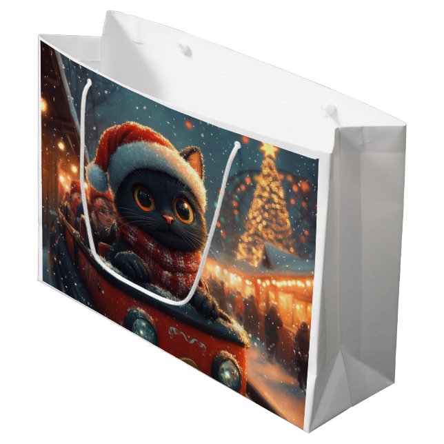 Black Cat Roller Coaster Christmas Large Gift Bag (Front Angled)