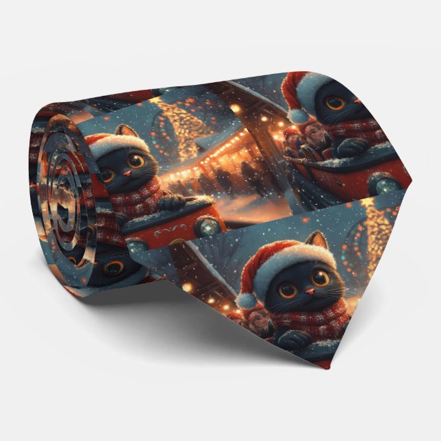 Black Cat Roller Coaster Christmas Neck Tie (Rolled)