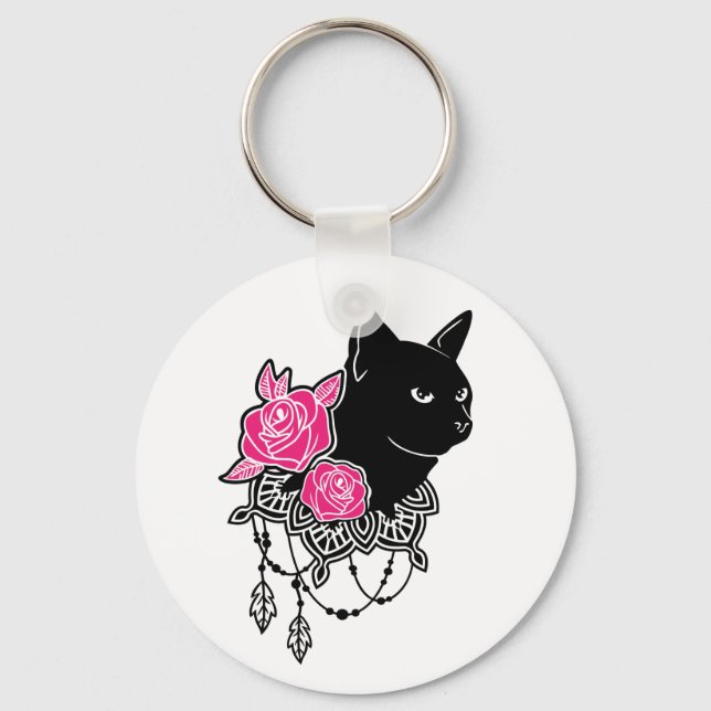Black Cat Rose on  Keychain (Front)