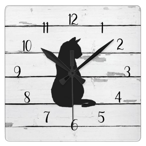 Black Cat Rustic Shiplap Farmhouse Decor Square Wall Clock
