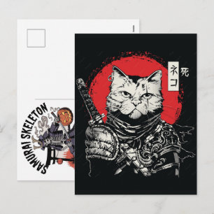 Black Cat Samurai Japanese Warrior Vintage  Holiday Postcard