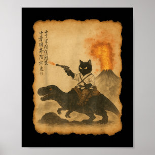 Black Cat Samurai Riding Dinosaur Volcanic Eruptio Poster