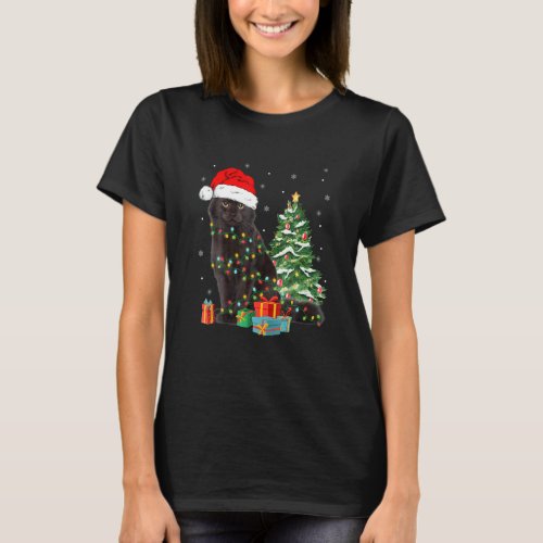 Black Cat Santa Angled Up In Christmas Lights Xmas T-Shirt