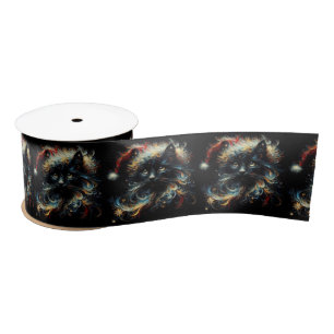 Black Cat Santa Christmas Hat Return Address Satin Ribbon