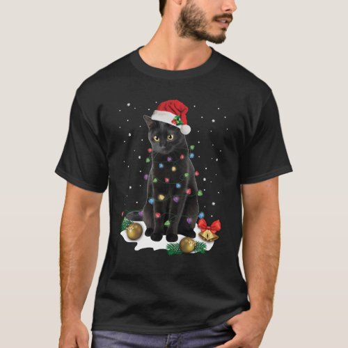 Black Cat Santa Christmas Lights Funny Cat Dad Mom T_Shirt
