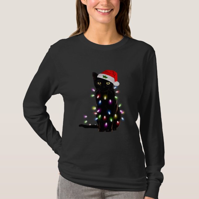 Black Cat Santa Christmas Tree Lights Xmas  T-Shirt (Front)