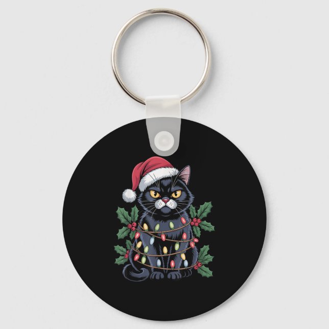 Black Cat Santa Hat Christmas Tree Lights Funny Pe Keychain (Front)