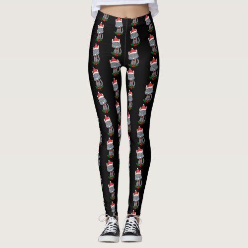 Black Cat Santa Hat Holly Plant Christmas Leggings