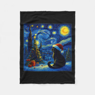 Black Cat Santa Hat Van Gogh Starry Night Christma Fleece Blanket