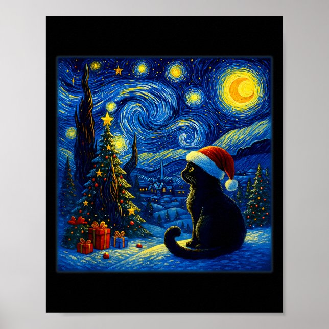 Black Cat Santa Hat Van Gogh Starry Night Christma Poster (Front)