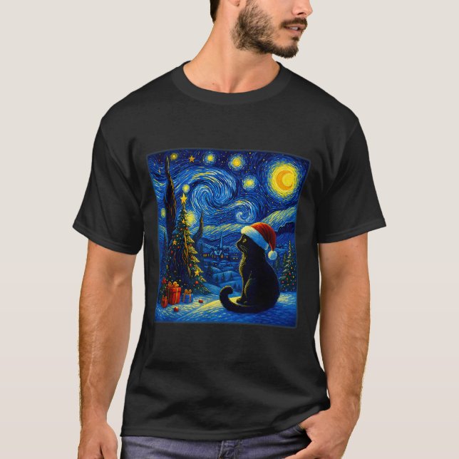 Black Cat Santa Hat Van Gogh Starry Night Christma T-Shirt (Front)