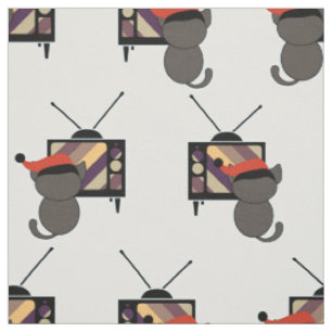 Black Cat Santa Hat Watching TV Retro Vintage Fabric