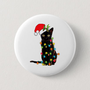 Black Cat Santa Tangled Up In Christmas Lights _1 Button