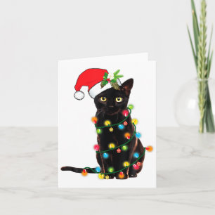 Black Cat Santa Tangled Up In Christmas Lights Card