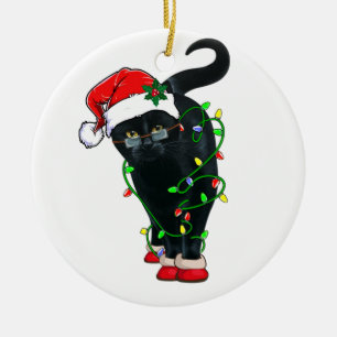 Black Cat Santa Tangled Up In Christmas Lights Ceramic Ornament