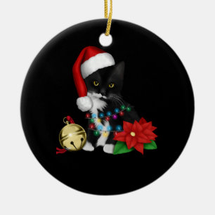 Black Cat Santa Tangled Up In Christmas Lights Ceramic Ornament