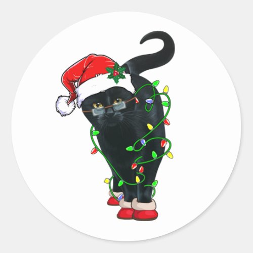 Black Cat Santa Tangled Up In Christmas Lights Classic Round Sticker
