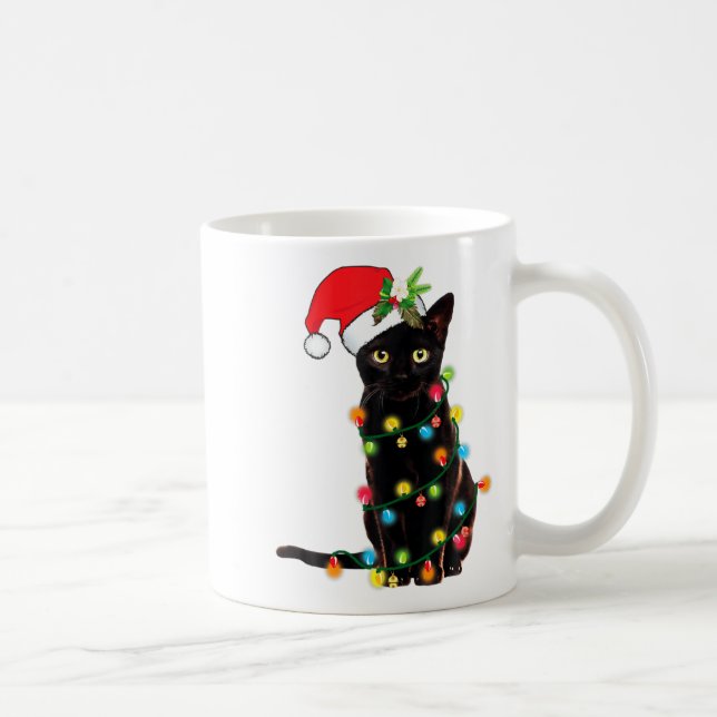 Black Cat Santa Tangled Up In Christmas Lights  Coffee Mug (Right)