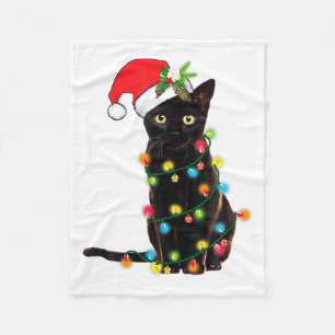 Black Cat Santa Tangled Up In Christmas Lights Fleece Blanket