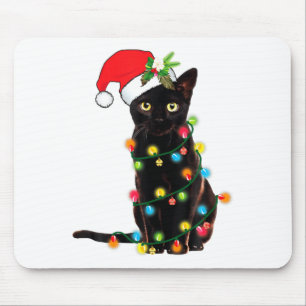 Black Cat Santa Tangled Up In Christmas Lights Mouse Pad
