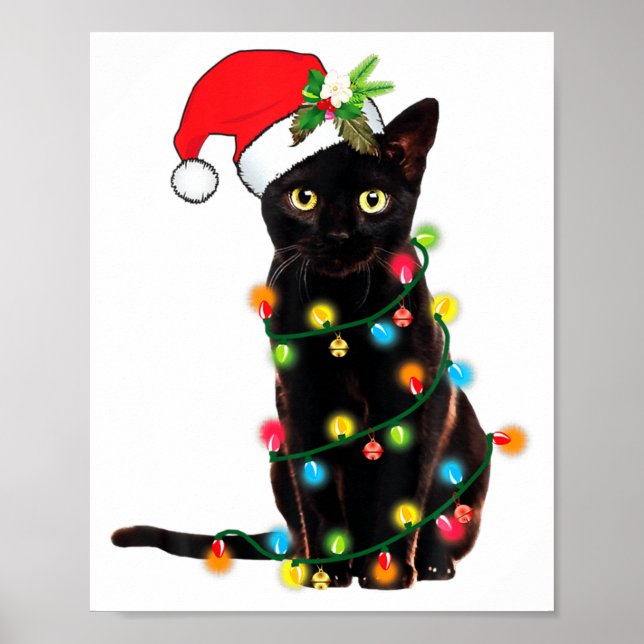 Black Cat Santa Tangled Up In Christmas Lights  Poster (Front)