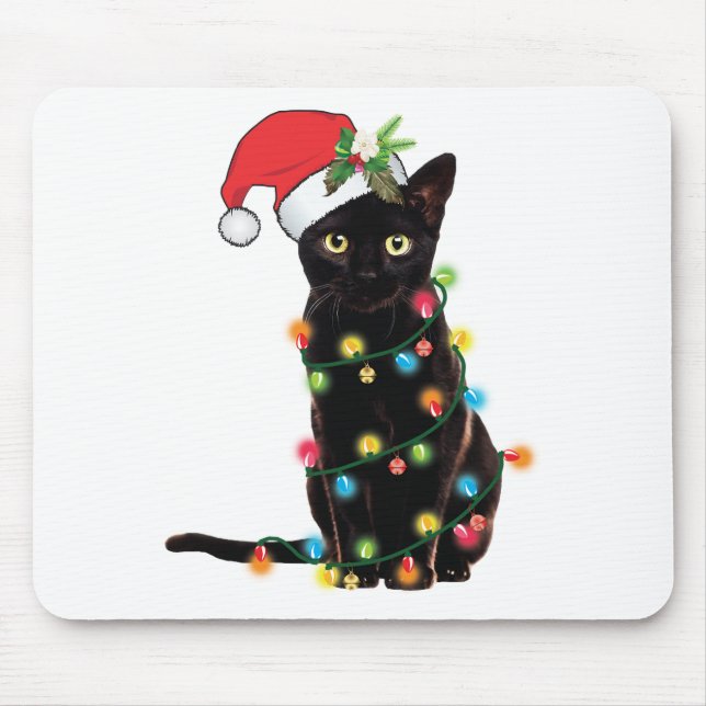 Black Cat Santa Tangled Up In Christmas Lights Swe Mouse Pad (Front)
