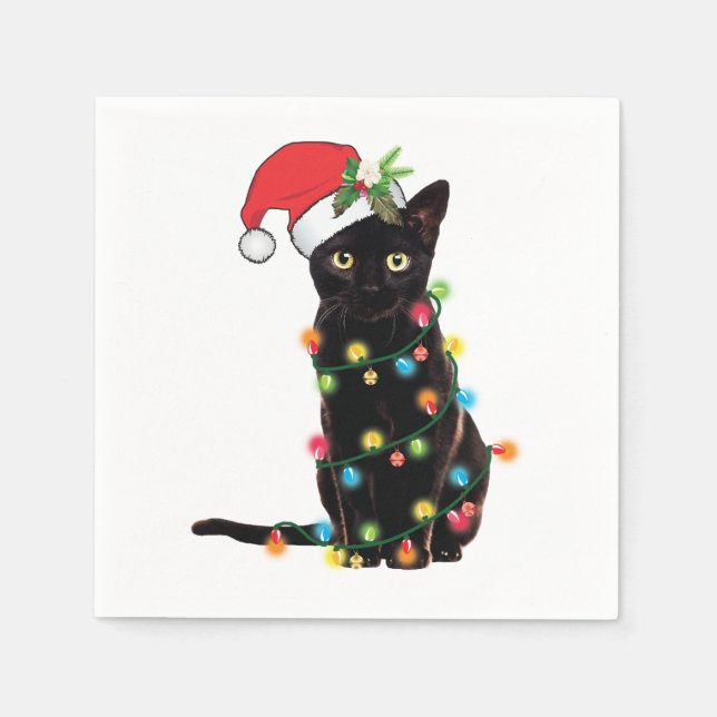 Black Cat Santa Tangled Up In Christmas Lights Swe Napkins (Front)