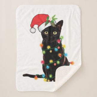 Black Cat Santa Tangled Up In Christmas Lights Swe Sherpa Blanket