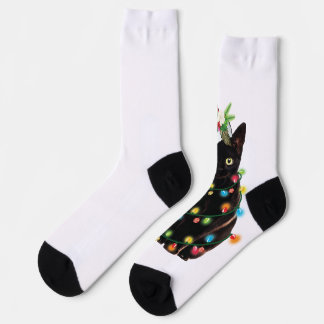 Black Cat Santa Tangled Up In Christmas Lights Swe Socks