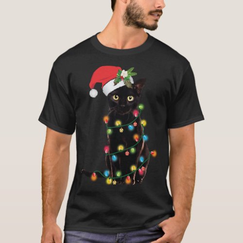 Black Cat Santa Tangled Up In Christmas Lights Swe T_Shirt