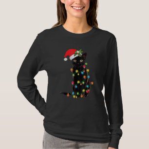 Black Cat Santa Tangled Up In Christmas Lights T-Shirt