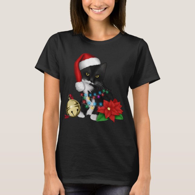 Black Cat Santa Tangled Up In Christmas Lights T-Shirt (Front)