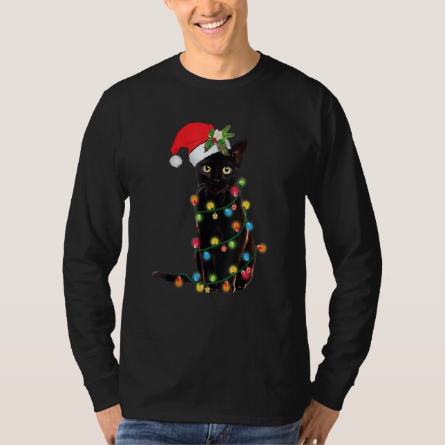 Black Cat Santa Tangled Up In Christmas Lights T-Shirt (Front)