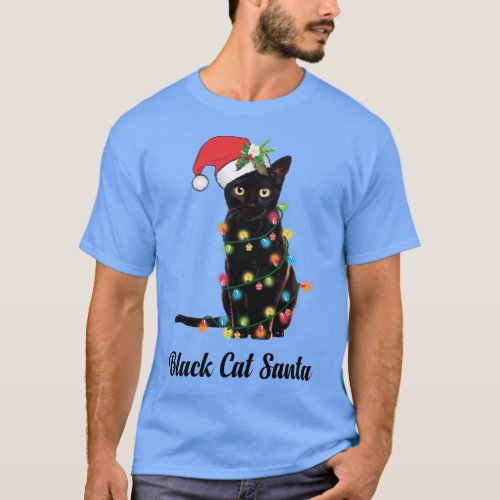 Black Cat Santa Tangled Up In Christmas Lights T_Shirt