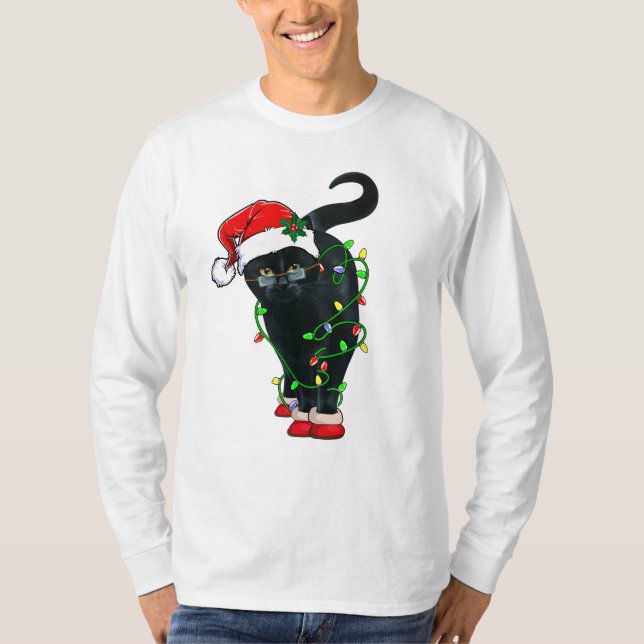 Black Cat Santa Tangled Up In Christmas Lights T-Shirt (Front)