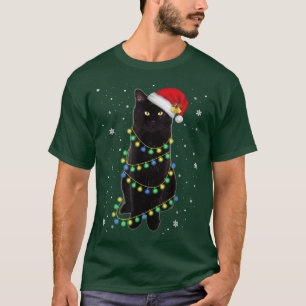 Black Cat Santa Tangled Up In Christmas Lights T-Shirt