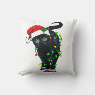 Black Cat Santa Tangled Up In Christmas Lights Throw Pillow