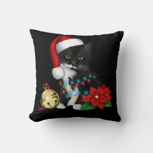 Black Cat Santa Tangled Up In Christmas Lights Throw Pillow