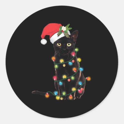 Black Cat Santa Tangled Up In Lights Classic Round Sticker