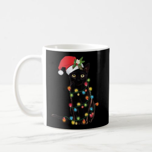 Black Cat Santa Tangled Up In Lights Coffee Mug