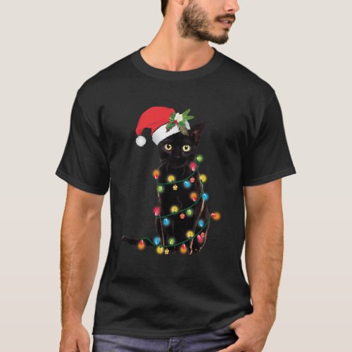 Black Cat Santa Tangled Up In Lights T_Shirt