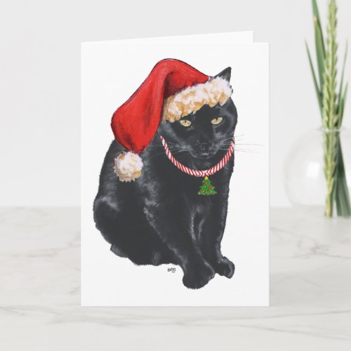 Black Cat Santas Helper at Christmas Holiday Card
