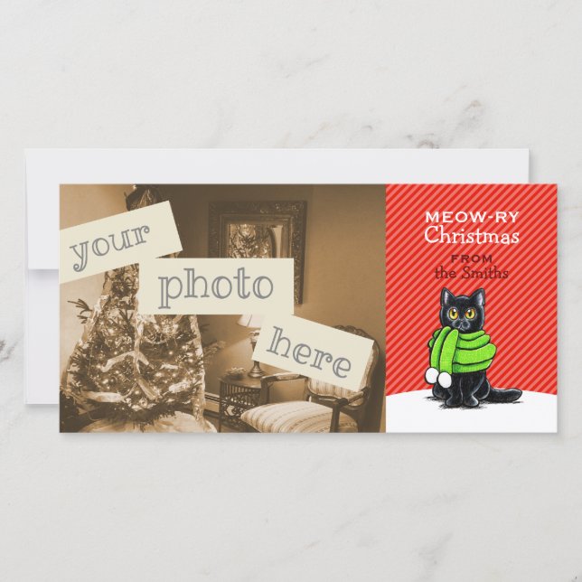 Black Cat Scarf Christmas Red Stripe Holiday Card (Front)
