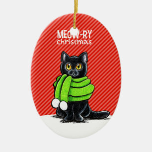 Black Cat Scarf Meow-ry Christmas Ceramic Ornament